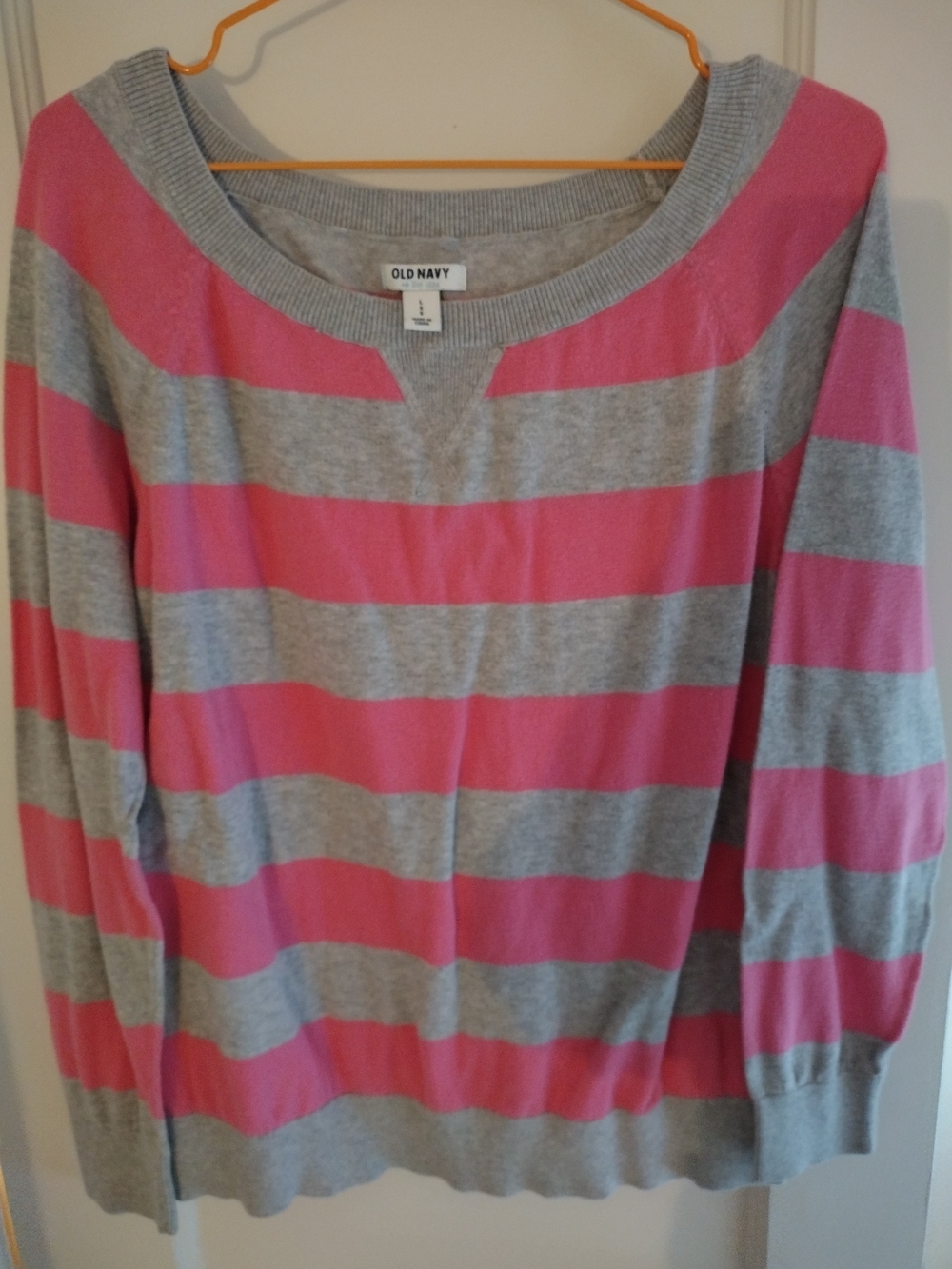 Old Navy Pink and Gray Wide-Stripe Crewneck Sweater Size L